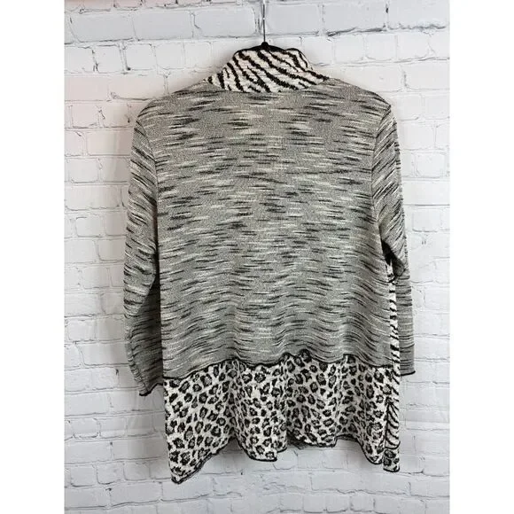 ALI MILES black white animal print button knit 3/4 sleeve cardigan sweater M - Picture 7 of 9